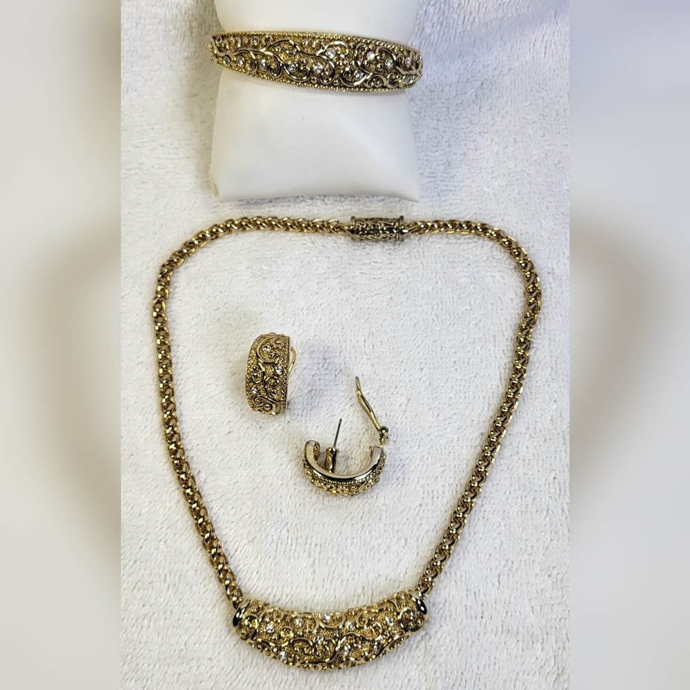 Gold and Rhinestone Jewelry Set - Necklace, Bracelet and Earrings - Picture 2 of 4